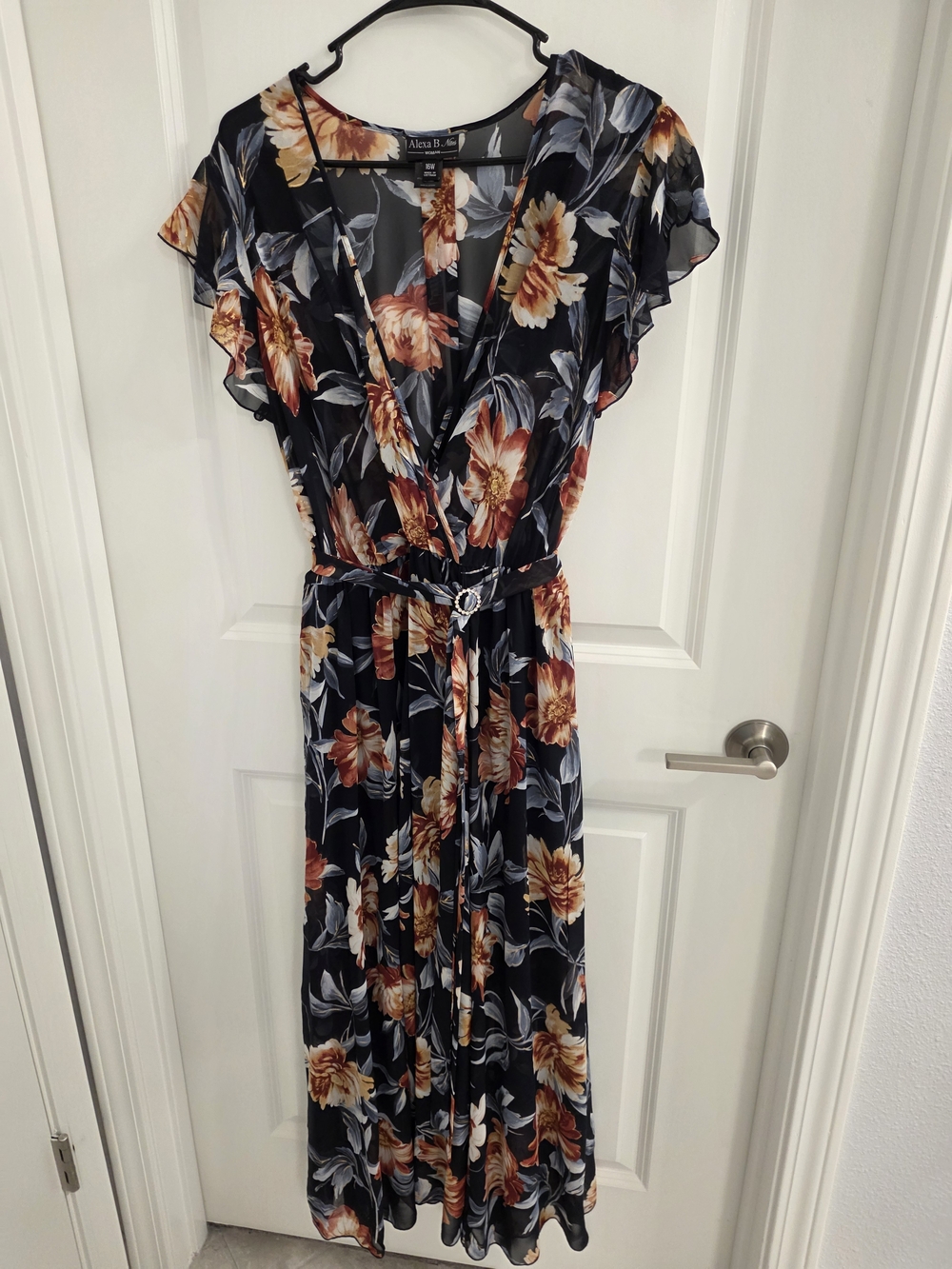 Alexa B Black Floral Wrap Midi Dress - Black with Rust Floral